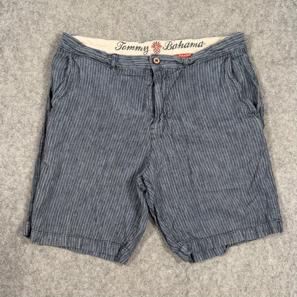 Tommy Bahama Paradise Blue Chambray Linen Striped Chino Shorts Men's Size 33